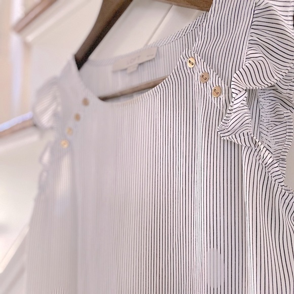 Loft Petite Ruffle Sleeved Black & White Pin Striped Blouse - Picture 2 of 6